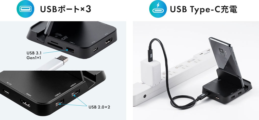 USBポート×3 USB Tpe-C充電
