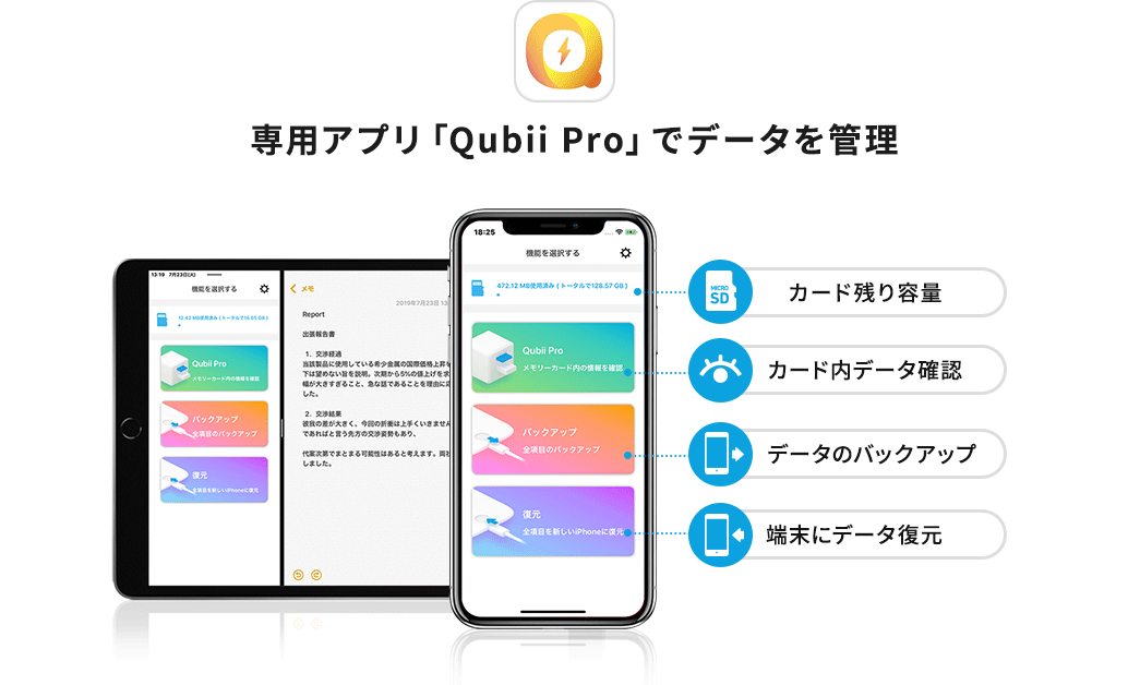 専用アプリ「Qubii Pro」でデータを管理