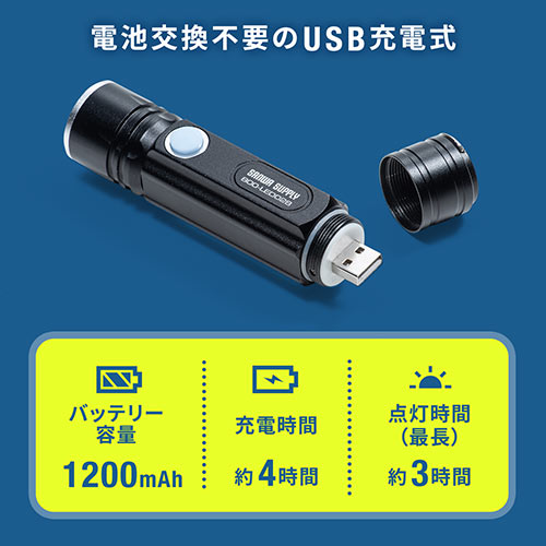 LED懐中電灯(USB充電式・防水・IPX4・最大180ルーメン・小型・ハンディ