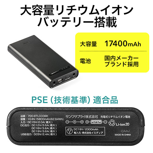 【3/31 16時までの特別価格】ノートパソコン用モバイルバッテリー(外付けバッテリー・大容量17400mAh・62.64Wh・機内持ち込みサイズ・日本メーカー製リチウム電池採用)