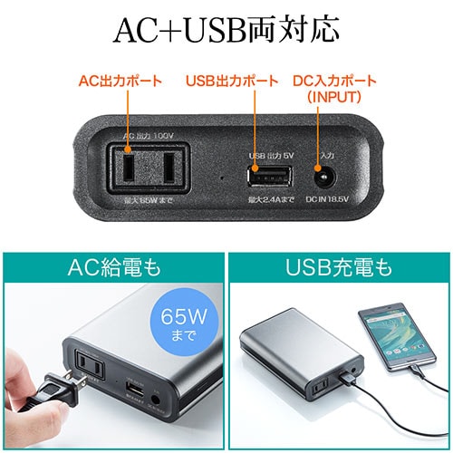 AC出力対応モバイルバッテリー(コンセントバッテリー・大容量・65W・ノートパソコン・USB充電・41.27Wh)【飛行機持込可】