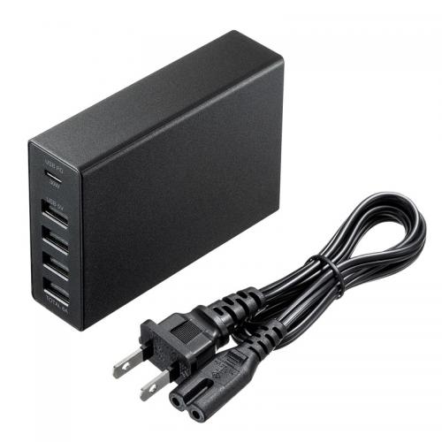 USB充電器(PD対応・Type Cポート・合計60W・5ポート・ブラック)